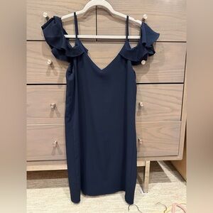Aqua by Bloomingdale’s Navy Blue Ruffle Open Shoulder Dress Sz Small